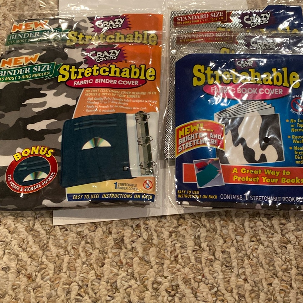 NWOT 5 Sealed Packages Black Stretchable Fabric Binder & Book Covers